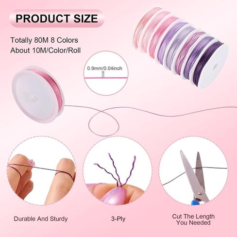 0.9mm Round 15-Ply Polyester Twisted Cord Total 80m Mixed 8 Colors for Necklace Bracelet DIY Jewelry Keychain Handmade Crafts Making Supplies (Pink Purple Series) in Saudi Arabia