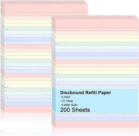 حجم الرسالة Discbound Refill Paper 8.5 ''X 11'' 200 ورقة 400 صفحة ملونة مخطط Discbound إدراجات 100GSM ورقة مبطنة قابلة لإعادة التعبئة واسعة مسطرة لـ 11 قرصًا لتدوين الملاحظات in Kuwait