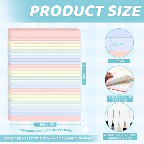 حجم الرسالة Discbound Refill Paper 8.5 ''X 11'' 200 ورقة 400 صفحة ملونة مخطط Discbound إدراجات 100GSM ورقة مبطنة قابلة لإعادة التعبئة واسعة مسطرة لـ 11 قرصًا لتدوين الملاحظات in Kuwait