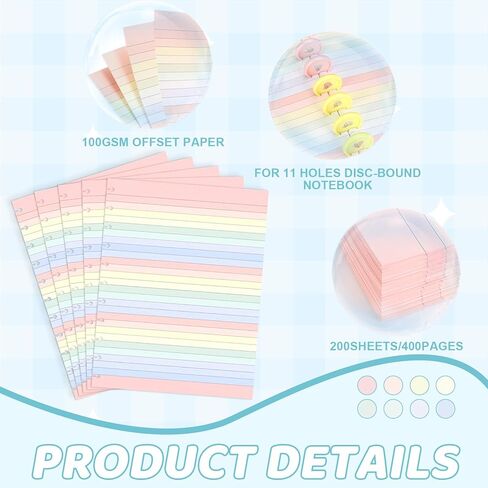 حجم الرسالة Discbound Refill Paper 8.5 ''X 11'' 200 ورقة 400 صفحة ملونة مخطط Discbound إدراجات 100GSM ورقة مبطنة قابلة لإعادة التعبئة واسعة مسطرة لـ 11 قرصًا لتدوين الملاحظات in Kuwait