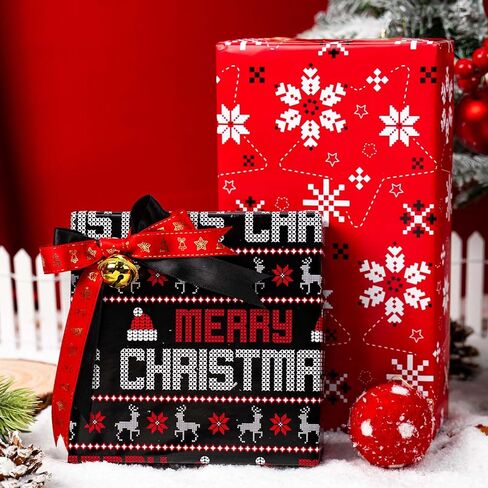 لفة ورق تغليف عيد الميلاد باللون الأسود قابلة للعكس من Merture، غلاف هدايا باللونين الأسود والأحمر مع نمط بكسل من ندفة الثلج الرنة وكلمات عيد الميلاد للاحتفال بعيد ميلاد مهرجان الشتاء - لفة صغيرة - 17 بوصة × 32.8 قدمًا (46.5 قدم مربع.) in Kuwait