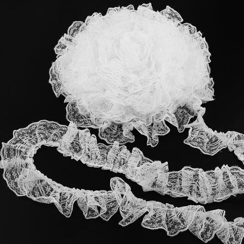 10 Yards Ruffle Single-Sided White Lace Ribbon Trim Delicate Ruffle Floral Fabric Lace for Sewing Crafts Lace Trim Laceribbon White in Kuwait