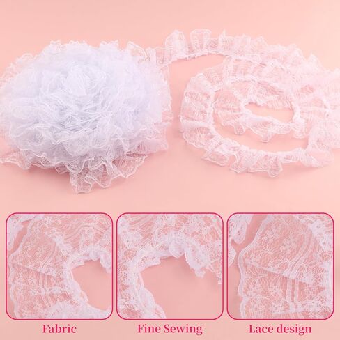 10 Yards Ruffle Single-Sided White Lace Ribbon Trim Delicate Ruffle Floral Fabric Lace for Sewing Crafts Lace Trim Laceribbon White in Kuwait