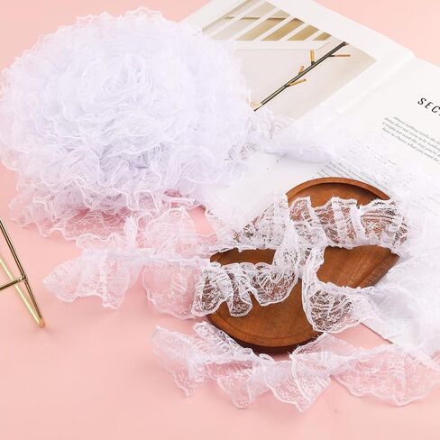 10 Yards Ruffle Single-Sided White Lace Ribbon Trim Delicate Ruffle Floral Fabric Lace for Sewing Crafts Lace Trim Laceribbon White in Kuwait