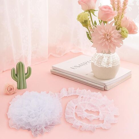 10 Yards Ruffle Single-Sided White Lace Ribbon Trim Delicate Ruffle Floral Fabric Lace for Sewing Crafts Lace Trim Laceribbon White in Kuwait