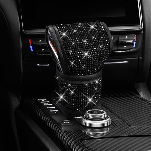 Bling Auto Gear Shift Knob Cover, Car Shifter Cover, Sparkly Crystal Rhinestones Gear Shift Knob Cover for Women Girls, PU Leather Shift Gear Cover with Bling Accessories Fit Cars (Black) in Saudi Arabia