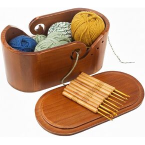 أوعية غزل بيضاوي خشبية للكروشيه ، أوعية الكروشيه المصنوعة يدويًا مع غطاء و 9 أجزاء من خطافات الحياكة ، وعشاق التريكو وعاء تخزين الغزل لمحبي خيوط الحياكة المصنوعة يدويًا (أوعية الكروشيه سوداء) in Kuwait