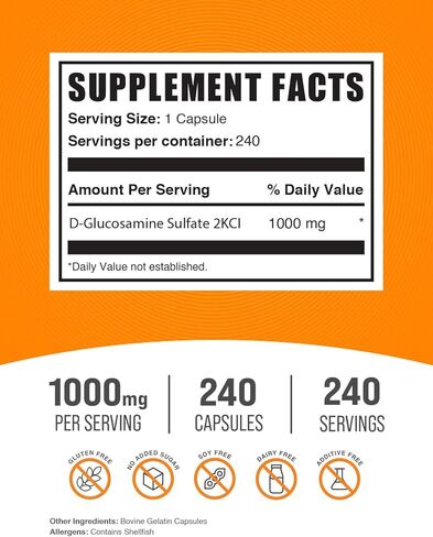 BULKSUPPLEMENTS.COM كبسولات كبريتات الجلوكوزامين - مكمل الجلوكوزامين، كبريتات الجلوكوزامين 1000 مجم - مكملات المفاصل، خالية من الغلوتين، كبسولة واحدة لكل وجبة، 240 كبسولة in Saudi Arabia