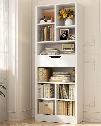 Armocity 8-Tier Book Shelf with Drawer, 73.6" Tall Bookcase and Bookshelf Modern Freestanding Open Display Shelves for Living Room Home Office, Bedroom, White in Saudi Arabia