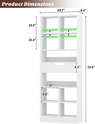 Armocity 8-Tier Book Shelf with Drawer, 73.6" Tall Bookcase and Bookshelf Modern Freestanding Open Display Shelves for Living Room Home Office, Bedroom, White in Saudi Arabia