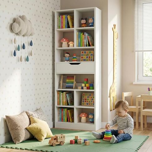 Armocity 8-Tier Book Shelf with Drawer, 73.6" Tall Bookcase and Bookshelf Modern Freestanding Open Display Shelves for Living Room Home Office, Bedroom, White in Saudi Arabia