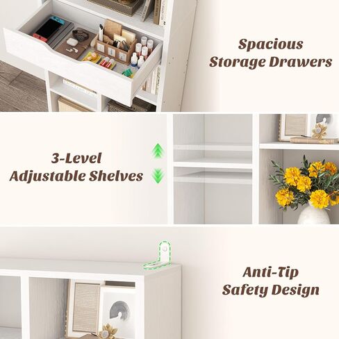 Armocity 8-Tier Book Shelf with Drawer, 73.6" Tall Bookcase and Bookshelf Modern Freestanding Open Display Shelves for Living Room Home Office, Bedroom, White in Saudi Arabia