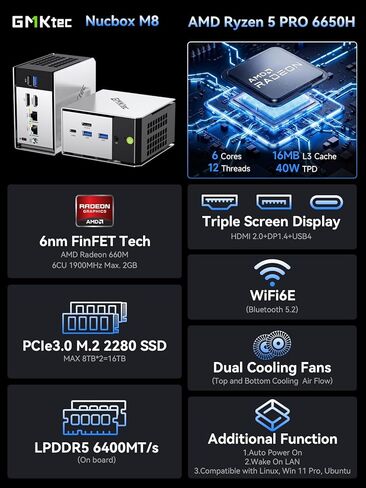 GMKtec K6 Gaming Mini PC-Windows 11 Pro, Dual 2.5Gbps LAN AMD Ryzen 7 7840HS 16GB DDR5,1TB PCIe 4.0 SSD, USB4.0, HDMI, DP, USB-C, WiFi 6E, BT 5.2 Desktop Computer in Saudi Arabia