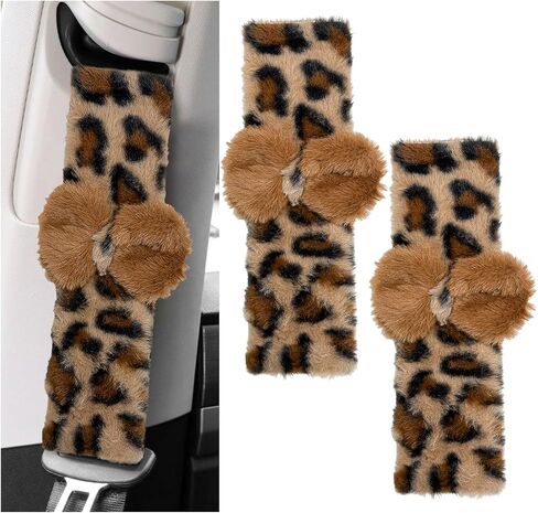 2 PCS Car Seat Belt Cover Pads, Cute Leopard Print Seatbelt Covers Shoulder Protector with Bow Tie, Soft Comfortable Plush Harness Pad for Sedans Trucks SUVs, Car Accessories (Leopard Print) in Saudi Arabia