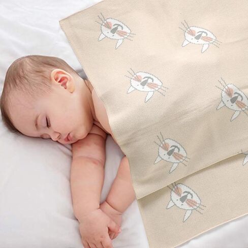 100% Cotton Baby Blanket Knit Soft Cozy Swaddle Receiving Blankets Toddler Infant Blanket with Lovely Sheeps for Newborn Boy Girls - Khaki, 90 x 70cm in Saudi Arabia