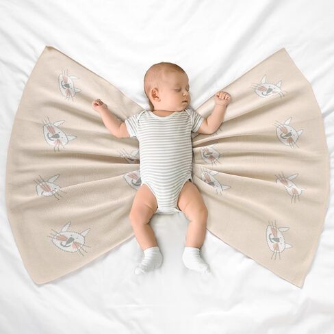 100% Cotton Baby Blanket Knit Soft Cozy Swaddle Receiving Blankets Toddler Infant Blanket with Lovely Sheeps for Newborn Boy Girls - Khaki, 90 x 70cm in Saudi Arabia