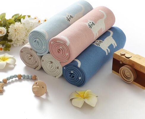 100% Cotton Baby Blanket Knit Soft Cozy Swaddle Receiving Blankets Toddler Infant Blanket with Lovely Sheeps for Newborn Boy Girls - Khaki, 90 x 70cm in Kuwait