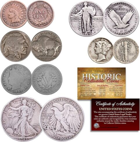 Old U.S. Silver Coins 6 Coin Collection Set - Walking Liberty Half, Standing Liberty Quarter, Mercury Dime, Buffalo Nickel, V-Nickel, Indian Head Cent, All in airtight Capsules with Certificate in Saudi Arabia