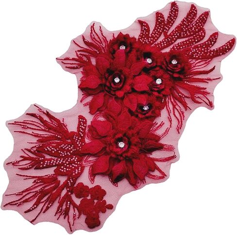 1pc 3D Flower Rhinestone Applique for Clothes, Handmade Crystal Patches for Wedding Dress, Sparkle Beaded Embroidery Lace Applique for Jacket Jeans Sewing Embellishment (Burgundy) in Saudi Arabia