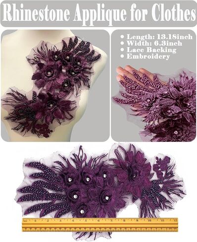 1pc 3D Flower Rhinestone Applique for Clothes, Handmade Crystal Patches for Wedding Dress, Sparkle Beaded Embroidery Lace Applique for Jacket Jeans Sewing Embellishment (Burgundy) in Saudi Arabia