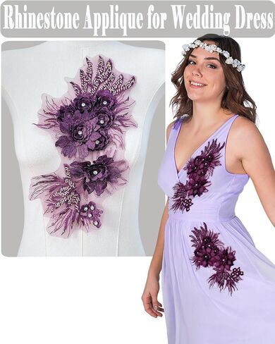 1pc 3D Flower Rhinestone Applique for Clothes, Handmade Crystal Patches for Wedding Dress, Sparkle Beaded Embroidery Lace Applique for Jacket Jeans Sewing Embellishment (Burgundy) in Saudi Arabia
