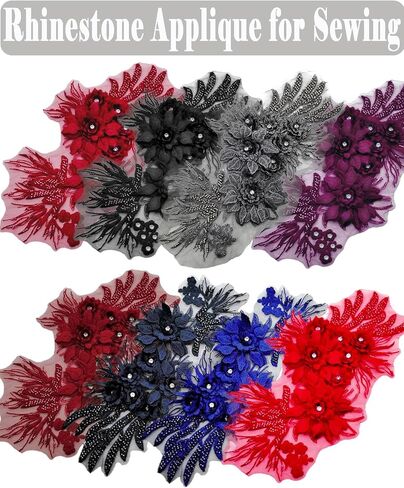 1pc 3D Flower Rhinestone Applique for Clothes, Handmade Crystal Patches for Wedding Dress, Sparkle Beaded Embroidery Lace Applique for Jacket Jeans Sewing Embellishment (Burgundy) in Saudi Arabia