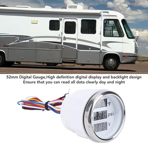 Triple Gauge Set, 52mm Water Temp Oil Pressure Voltmeter Digital Gauge with Backlight, Car Marine AUTO Gauge for Cars Ships Boats Truck Motorcycle (White Dial Silver Cover) in Kuwait