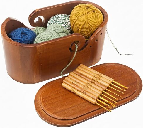 أوعية غزل بيضاوي خشبية للكروشيه ، أوعية الكروشيه المصنوعة يدويًا مع غطاء و 9 أجزاء من خطافات الحياكة ، وعشاق التريكو وعاء تخزين الغزل لمحبي خيوط الحياكة المصنوعة يدويًا (أوعية الكروشيه سوداء) in Kuwait