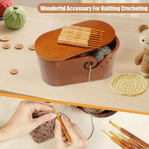 أوعية غزل بيضاوي خشبية للكروشيه ، أوعية الكروشيه المصنوعة يدويًا مع غطاء و 9 أجزاء من خطافات الحياكة ، وعشاق التريكو وعاء تخزين الغزل لمحبي خيوط الحياكة المصنوعة يدويًا (أوعية الكروشيه سوداء) in Kuwait