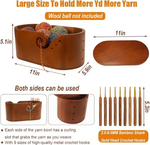 أوعية غزل بيضاوي خشبية للكروشيه ، أوعية الكروشيه المصنوعة يدويًا مع غطاء و 9 أجزاء من خطافات الحياكة ، وعشاق التريكو وعاء تخزين الغزل لمحبي خيوط الحياكة المصنوعة يدويًا (أوعية الكروشيه سوداء) in Kuwait