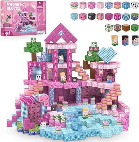 adah 216pcs اللبنات المغناطيسية للفتيات، ألعاب الجذعية الأميرة الوردية للأعمار من 4 إلى 8 سنوات، ألعاب البناء التعليمية الإبداعية لأعمار 3-6 سنوات، كتل سحرية للأطفال in Kuwait