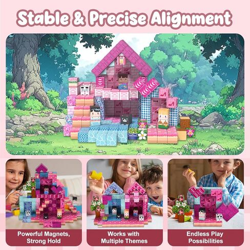 adah 216pcs اللبنات المغناطيسية للفتيات، ألعاب الجذعية الأميرة الوردية للأعمار من 4 إلى 8 سنوات، ألعاب البناء التعليمية الإبداعية لأعمار 3-6 سنوات، كتل سحرية للأطفال in Kuwait