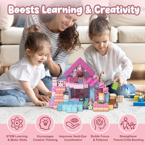 adah 216pcs اللبنات المغناطيسية للفتيات، ألعاب الجذعية الأميرة الوردية للأعمار من 4 إلى 8 سنوات، ألعاب البناء التعليمية الإبداعية لأعمار 3-6 سنوات، كتل سحرية للأطفال in Kuwait