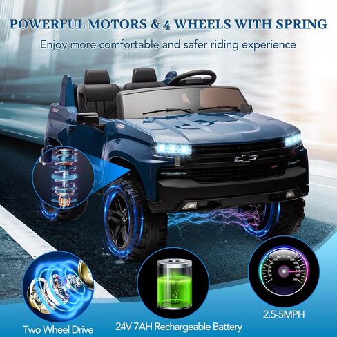 Hetoy 24V 2-Seater Truck المرخصة شيفروليه سيلفرادو ركوب على لعبة السيارة مع جهاز التحكم عن بعد للوالدين، 4xSpring Suspension، 3 سرعات، موسيقى لاسلكية، مشغل MP3، سيارة كهربائية للأطفال، أزرق in Kuwait