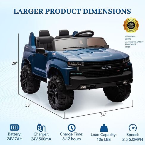 Hetoy 24V 2-Seater Truck المرخصة شيفروليه سيلفرادو ركوب على لعبة السيارة مع جهاز التحكم عن بعد للوالدين، 4xSpring Suspension، 3 سرعات، موسيقى لاسلكية، مشغل MP3، سيارة كهربائية للأطفال، أزرق in Kuwait