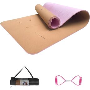 Numat Cork Yoga Mat 6mm (1/4 inch) Thick 72 x 24 in, Sweatproof NonSlip Eco-friendly, Lightweight TPE foam with Alignment Lines, Great for Hot Yoga, Pilates, Gym and Exercise, Black Carrying Bag w. Strap Included