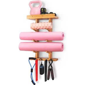 Bamboo Yoga Mat Holder Wall Mount - Yoga Mat Storage Wall Mount - Top Shelf and Gym Accessory Holder - Yoga Mat Rack Home Gym Storage Organizer