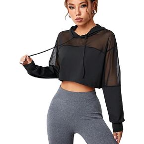 COZYEASE Women's Cropped Sweatshirt Mesh Drawstring Workout Hoodie Long Sleeve Casual Basic Sweatshirts Sport Clothes