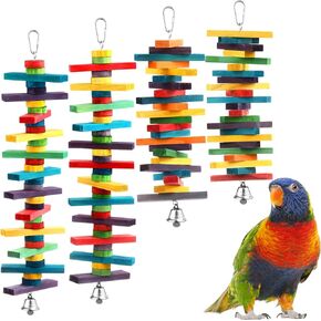 4 Pcs Bird Toys Parrot Toys with Multicolored Natural Wood Blocks, Bird Chew Toys for Large Medium Parrots Macaws Lovebirds Doves Cockatiels Conures Parakeets Chewing Biting Foraging, 2 Designs
