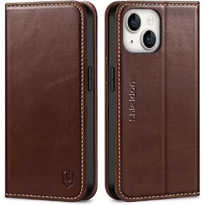 SHIELDON Case for iPhone 14 6.1" 5G, Genuine Leather iPhone 14 Wallet Folio Case [Magnetic Closure] [RFID Blocking Card Slots] [Kickstand] Full Protection Case Compatible with iPhone 14 2022 - Black