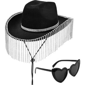 Yoiemivy هامش حجر الراين قبعة رعاة البقر مع النظارات الشمسية على شكل قلب راعية البقر قبعة مبهرة بريق قبعة رعاة البقر الغربية للنساء الرجال ديسكو تأثيري زي الطرف (أسود) in Kuwait