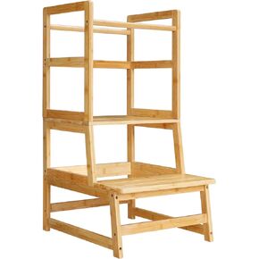 HOOBRO Kids Kitchen Step Stool, Toddler Step Stool Helper, Kids Standing Tower with Armrests and Safety Rails, for Kitchen, Dining Room, Bathroom, Natural Bamboo YL68JD01N1