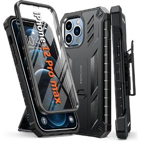 FNTCASE for iPhone 12-Pro-Max Phone Case: with Built-in Screen Protector & Kickstand & Belt-Clip Holster, Full-Body Dual Layer Rugged Military Shockproof Protective Cover-Black