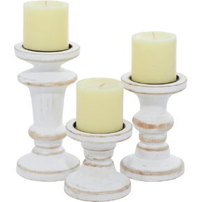 Deco 79 Wood Beaded Pillar Candle Holder, Set of 3 4", 6", 8"H, Brown