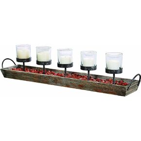 Creative Co-Op Rectangle Wood Tray Holder with 5 Clear Glass Votive Candleholders