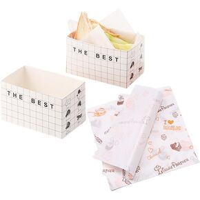 XZJMY 50 Pack Paper Take Out Containers,Mini Burger Boxes,Sandwich Take Out Boxes with 50 Sheets of Oil Paper for Restaurant, Picnic and Party Food Containers (C)