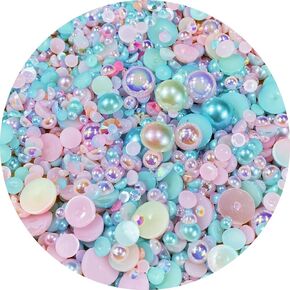 Mix Resin Rhinestones Half Round Pearls,30g Flatback Rhinestones Half Pearl Beads for Crafts Multi Size 3mm-10mm Half Pearl Rhinestone for Bottles,Nail Art,Shoes (Light Pink Blue Series)