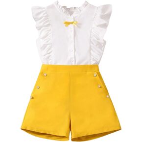 OYOANGLE Girl's 2 Piece Bow Button Front Ruffle Sleeve Shirts and Elastic Waist Shorts Set Summer Outfits
