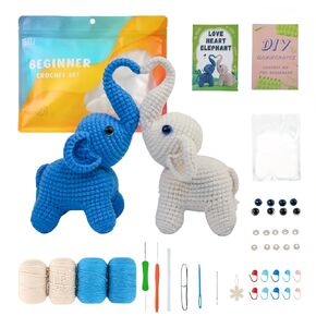 مجموعة الكروشيه للمبتدئين من YEPLINS، مجموعات حيوانات الحياكة مع دروس فيديو خطوة بخطوة، مجموعة أدوات الحياكة للبالغين والأطفال - زوجين فيل (عبوتان) in Kuwait