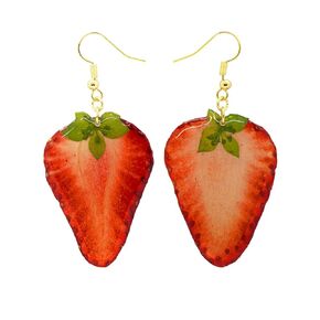 LETIMEFORU Real Strawberry Handmade Earrings, Pressed Strawberry SIice Natural Earrings, Dried Fruit Resin Fruit Jewelry, Birthday Gift (Gold Hooks)